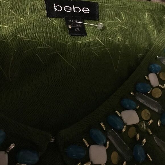 Bebe Beaded Embellished Rhinestone V-neck Silk Cashmere Long Sleeve Shirt XS - Picture 8 of 10